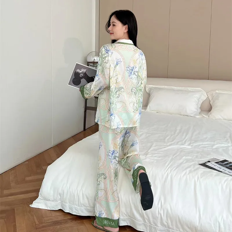 New Women's Pajamas Cyan Narcissus Floral Long-Sleeve Suit Pointed Collar Ice Silk Pajamas Home Wear Female Fall Winter Fashion