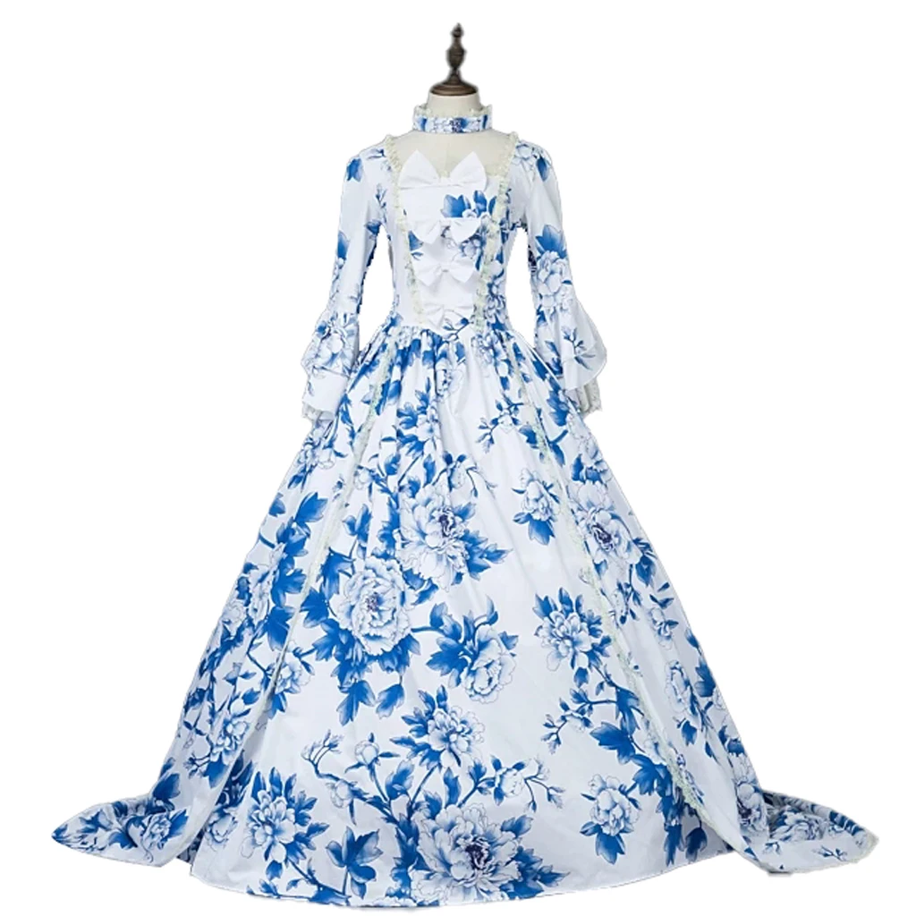 Marie Antoinette Ball Gown 18th Century Renaissance Royal Court Princess Rococo Blue Floral Evening Dress Theatre Costume
