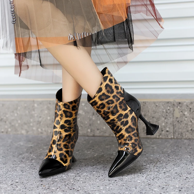 

Patent Leather High Heels Cool Knight Boots for Women Sexy Leopard Print Ankle Boots Ladies Winter Short Fur Boots Party Shoes
