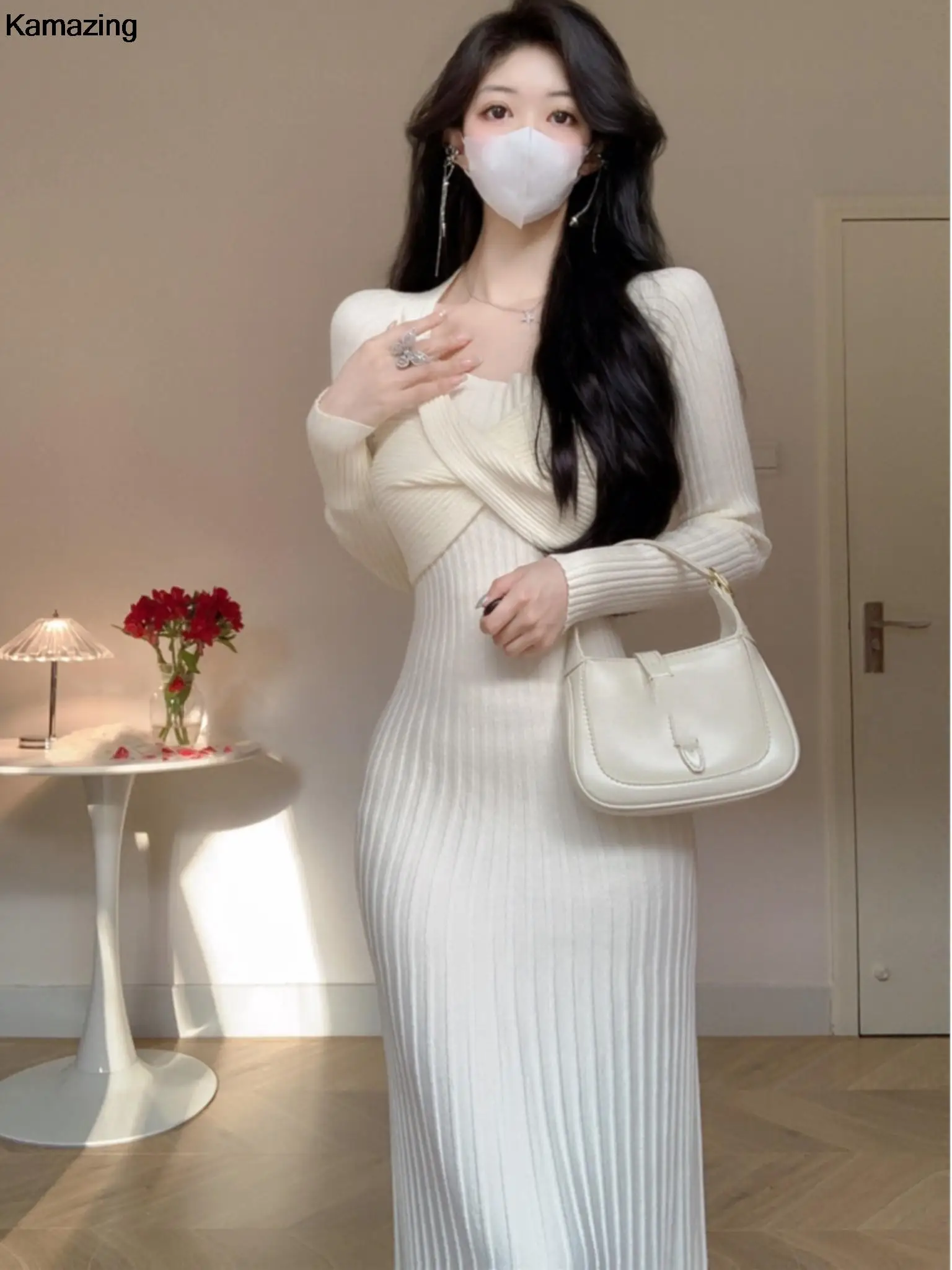 

Корейские модные цельные вязаные платья для женщин на осень и зиму, сексуальный облегающий Однотонный свитер А-силуэта, халат OL, элегантная одежда, пуловер