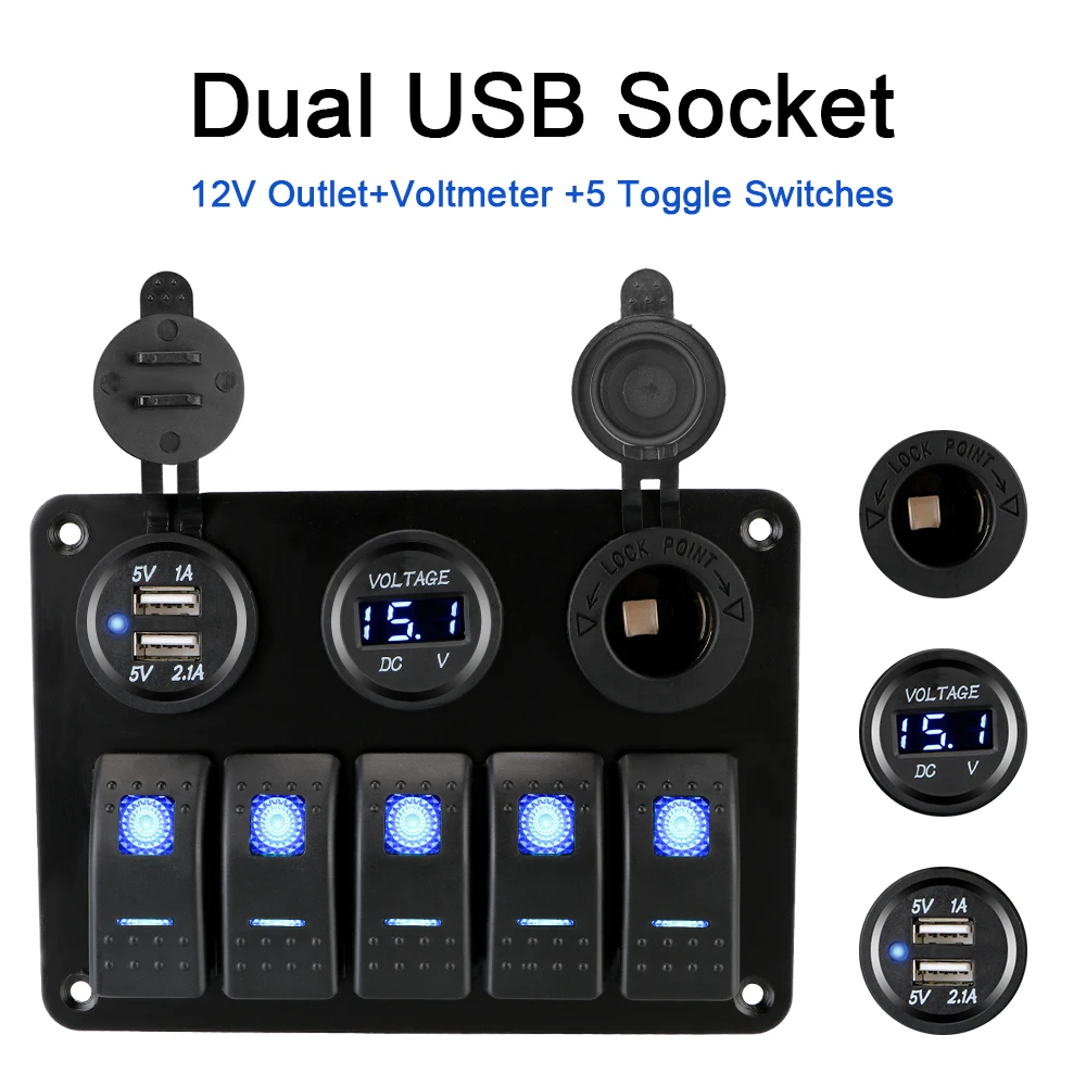

Waterproof With Fuse 5 Gang LED Rocker Switch Panel Digital Voltage 12/24V Outlet Combination Dual USB Slot Socket