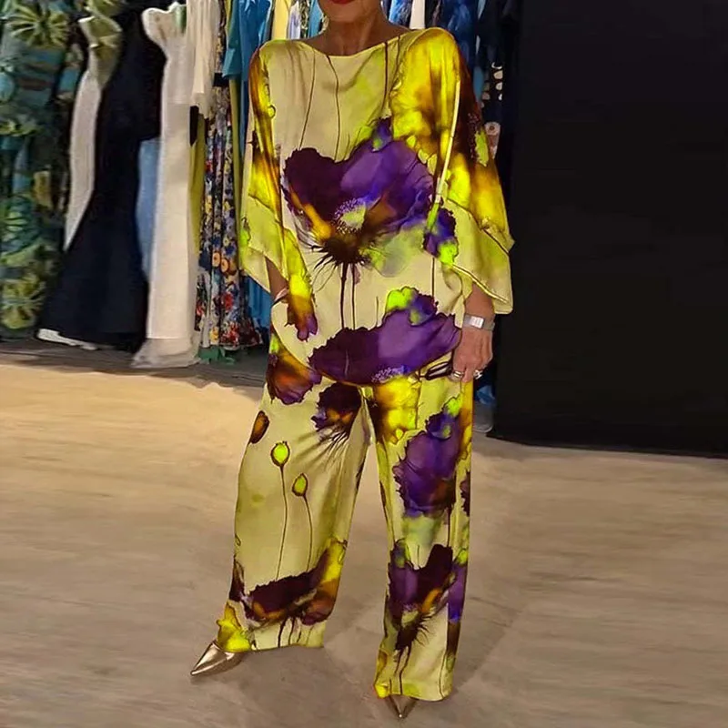 Женский атласный комплект из 2 предметов элегантный Весенний костюм с принтом