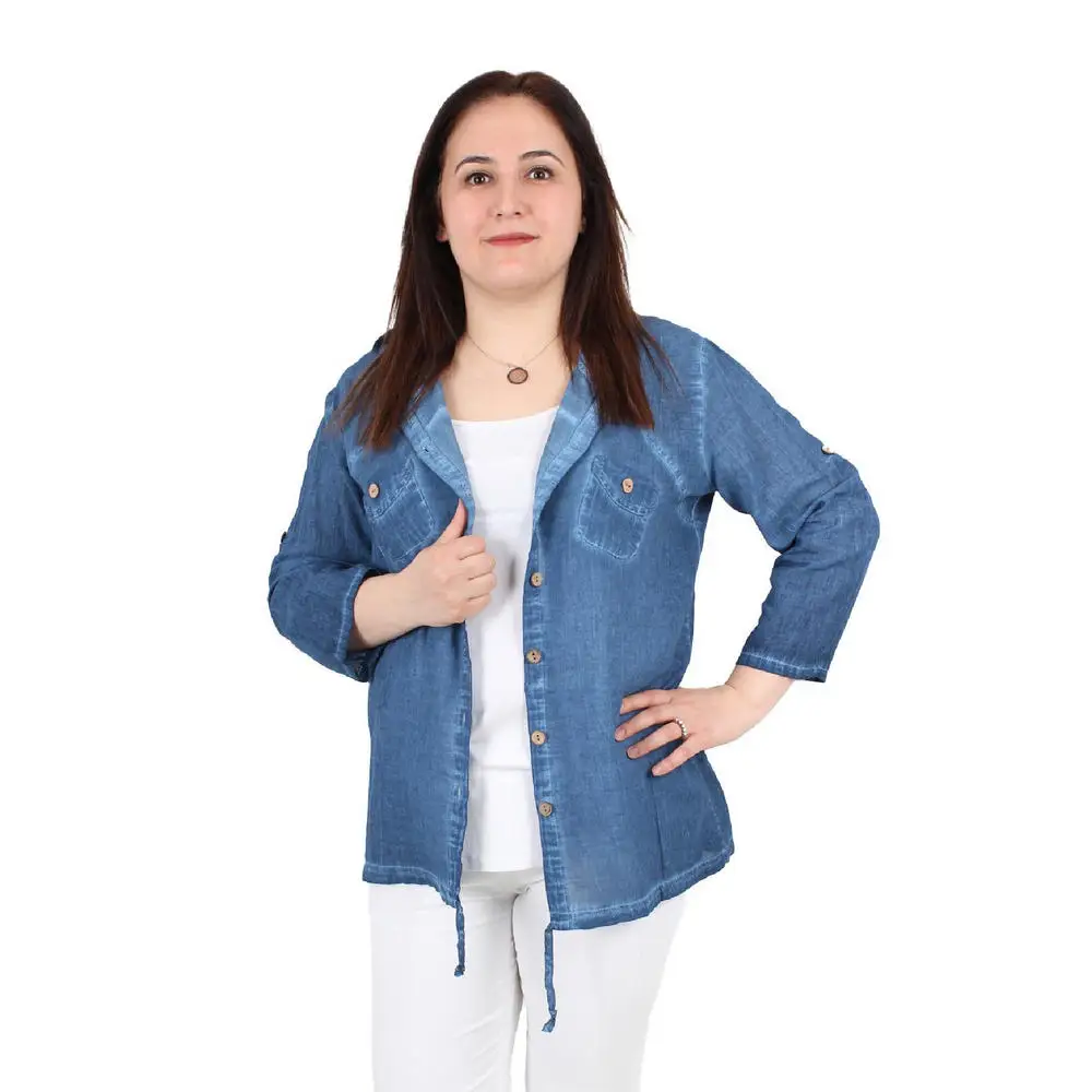 

Fierte Women Plus Size Jacket MnsrB0003 Button Closure Hood Sports Slim Linen Long Sleeve Summer Casual Elastic Blue Khaki