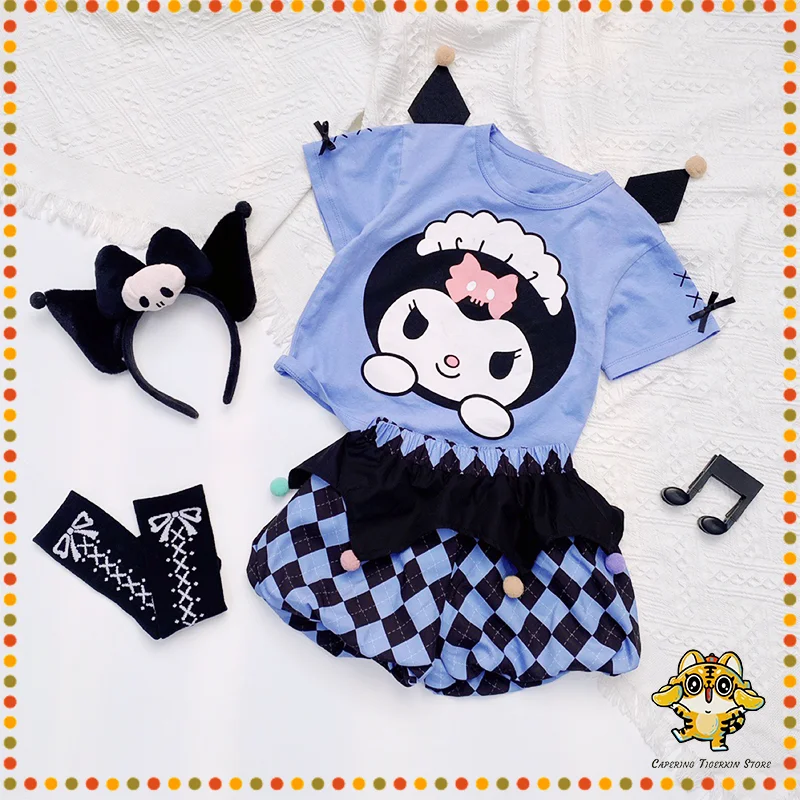 

Sanrio Kuromi T-Shirt Pants Sets Kawaii Cartoon Flower Hub Shorts Head Band Set Comfortable Summer Girls Cute Outdoor Clothing
