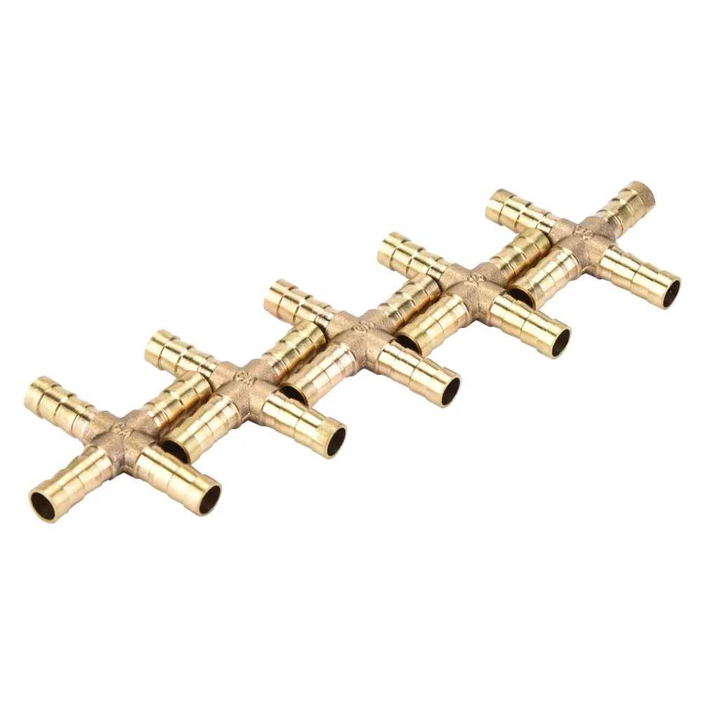 

5pcs Brass Cross 4 Way Hose Joiner Fittings Barbed Connector Air Water Oil Gas Fuel (8mm)