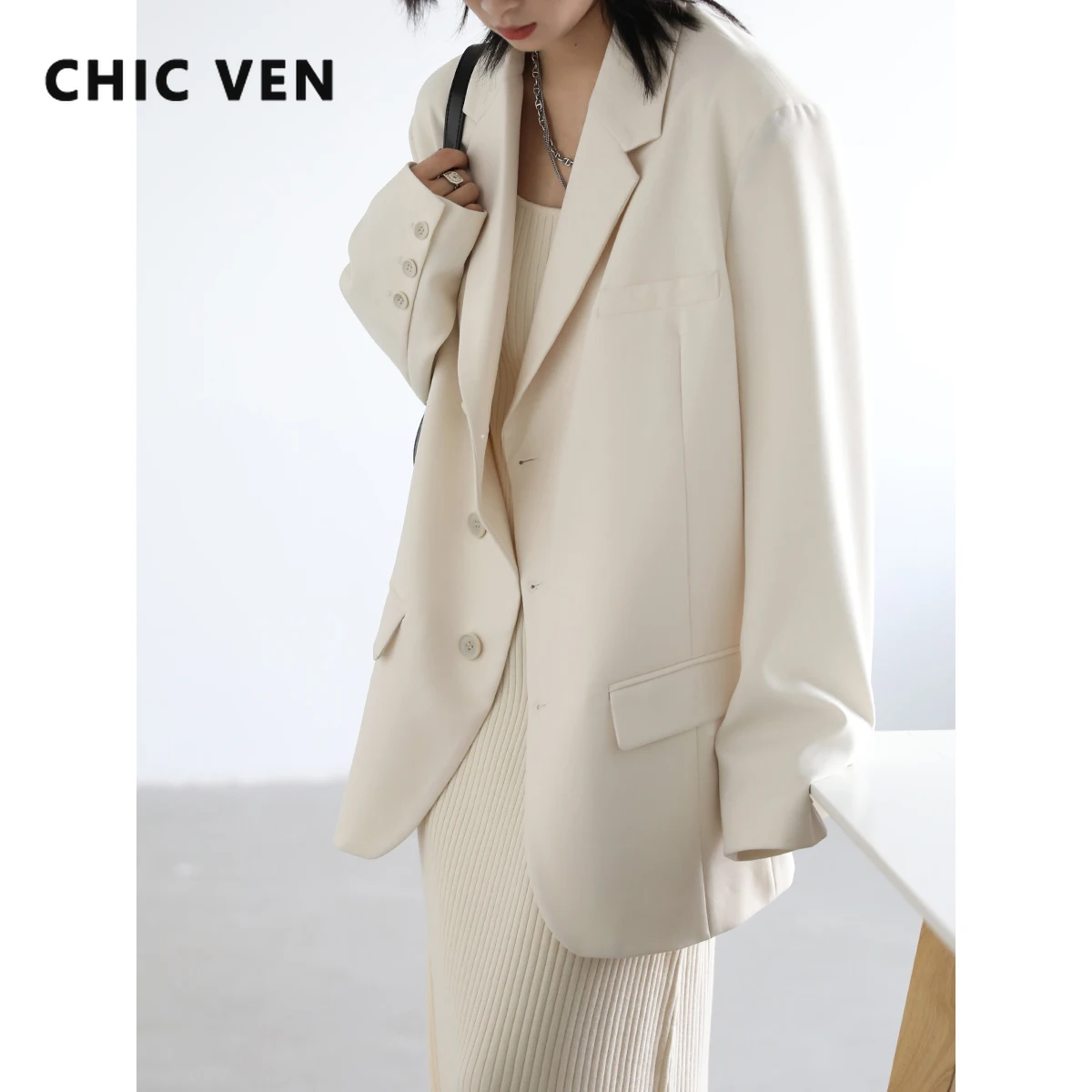 CHIC VEN Women's Blazers Solid Slanted Placket Suit Coat Office Lady Jacket  Fashion Woman Blazer Design 2022 Spring Autumn