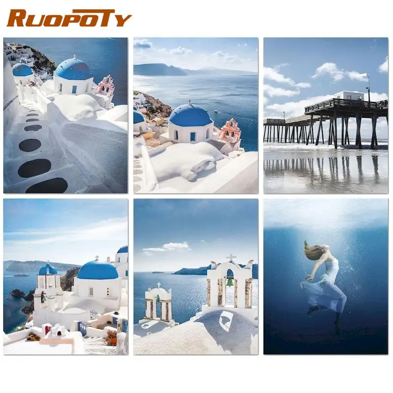 

RUOPOTY Oil Paint By Numbers Blue White Building Handpainted Painting By Number Scenery Painting Home Decor