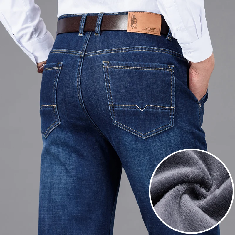 

Classic Style Winter Men's Warm Business Jeans Fashion Casual Denim Stretch Cotton Thick Fleece Denim Pants Male Brand Trousers