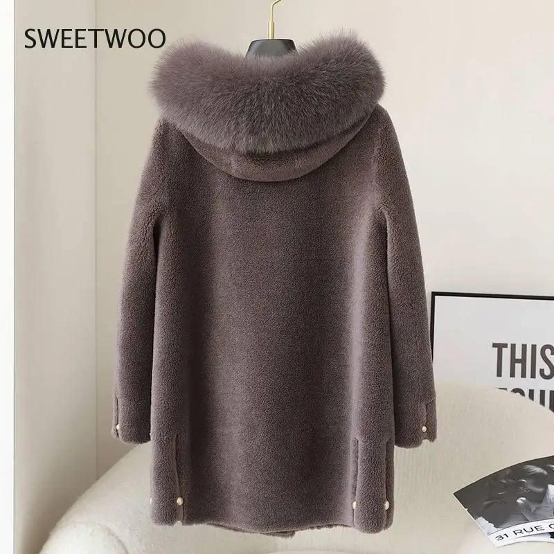 Women Autumn Winter Real Lamb Fur Coat Female Warm Fox Fur Collar Hooded Natural Sheep Shearing Wool Jacket Ladies Outwear 2022