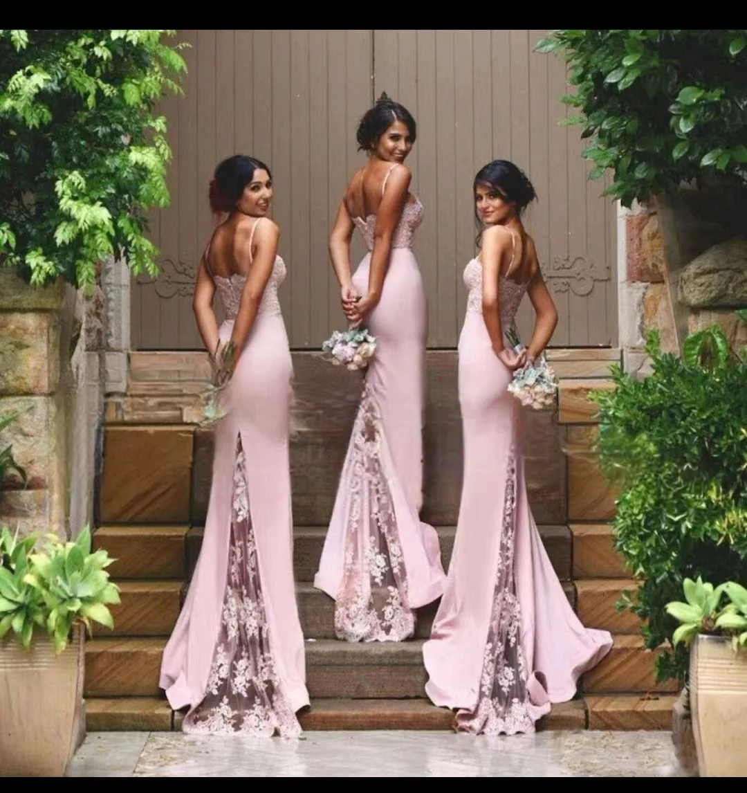 

Private Custom Pink Lace Mermaid Bridesmaid Dresses Long Spaghetti StrapSweetheart Neck Sweep Train Vestidos Wedding Party Dress