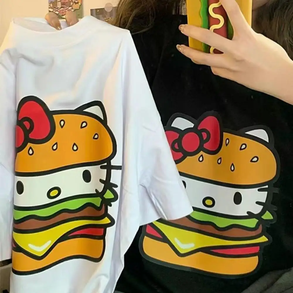 

Tops for Women Sanrio Hello Kitty T-Shirt Kawaii Anime Kt Summer Cotton Harajuku Casual Couple Outfit Loose Hamburger Trend Cute