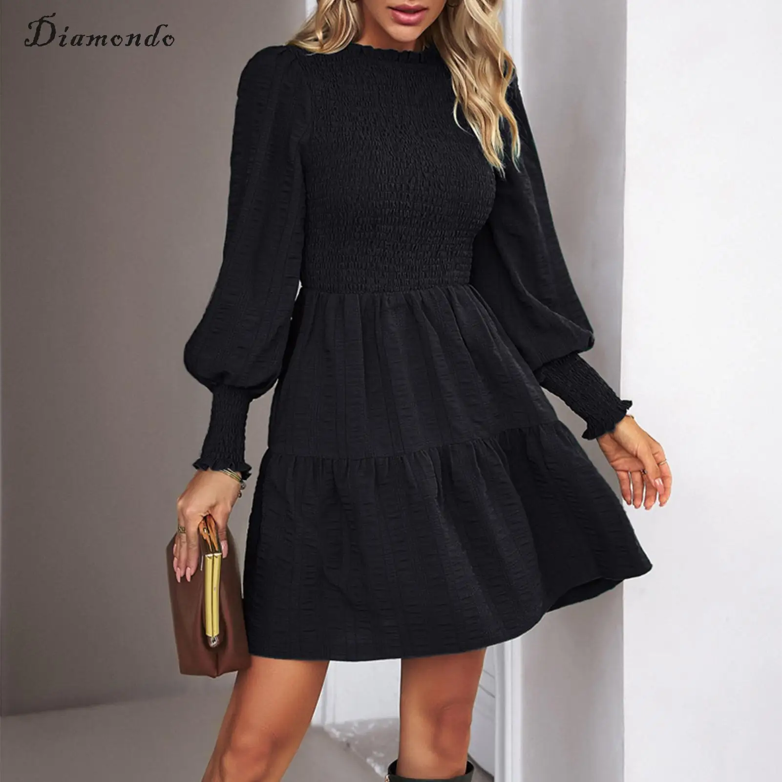 

Платье женское однотонное с длинным рукавом-фонариком и высокой талией