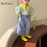 rinilucia girls blouses clothes baby spring shirts infant korean style green plaid turn down collar tees tops kids cotton shirt