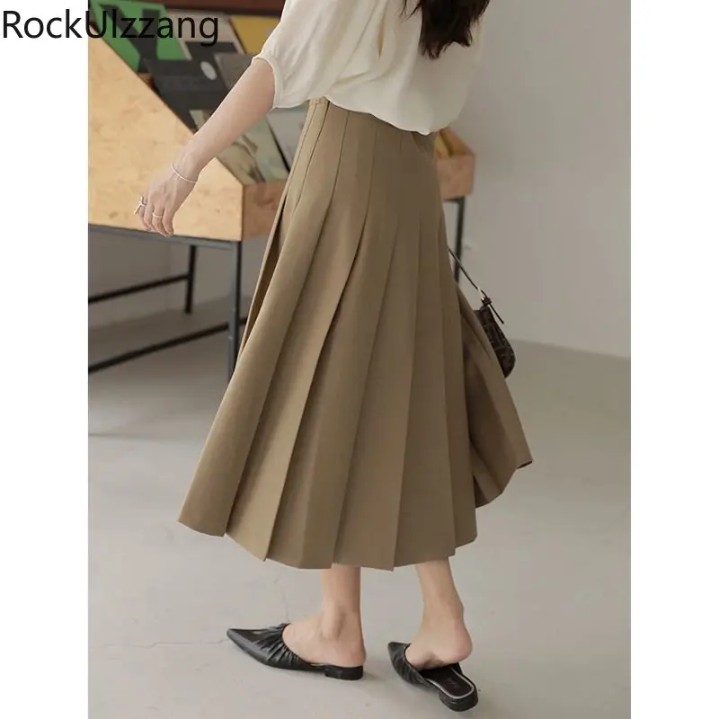 

Khaki Black Midi Long Skirt High Waist Pleated Skirts,korean clothing women ladies temperament graceful chic elegant vintage y2k