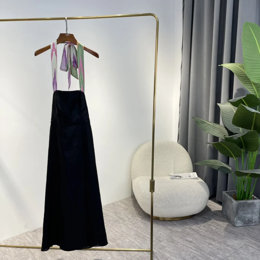 

halter dress women 2022 Summer new arrival hot sale self tie backless linen black violet designer clothes