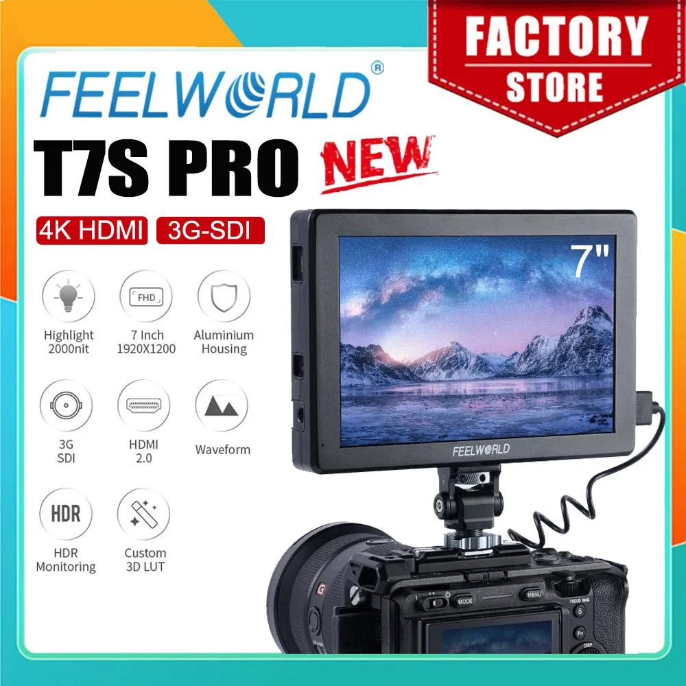Фото FEELWORLD T7S PRO 7-дюймовый 3G SDI 2000NIT полевой монитор для камеры с ультравысокой яркостью, 4K HDMI 60 Гц, 1920x1200 пикселей №1
