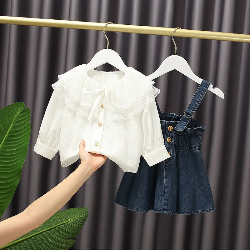 

Baby Girls Long Sleeve Shirt + Denim Dress Ovalls Suits Spring Sweet Shirt 2pcs Princess Dress Suits Kids