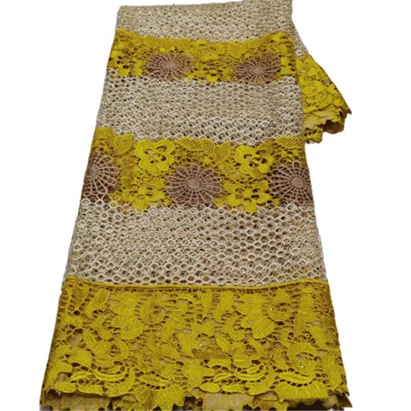 

yellow nigerian guipure lace water soluble fabric 2022 high quality embroidered 5 yards/pcs african cord laces mesh fabrics