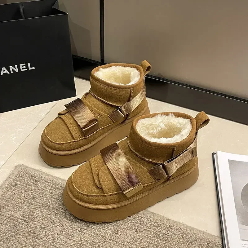 Женские зимние ботинки из хлопка и плюша на толстой подошве цвета в ассортименте
