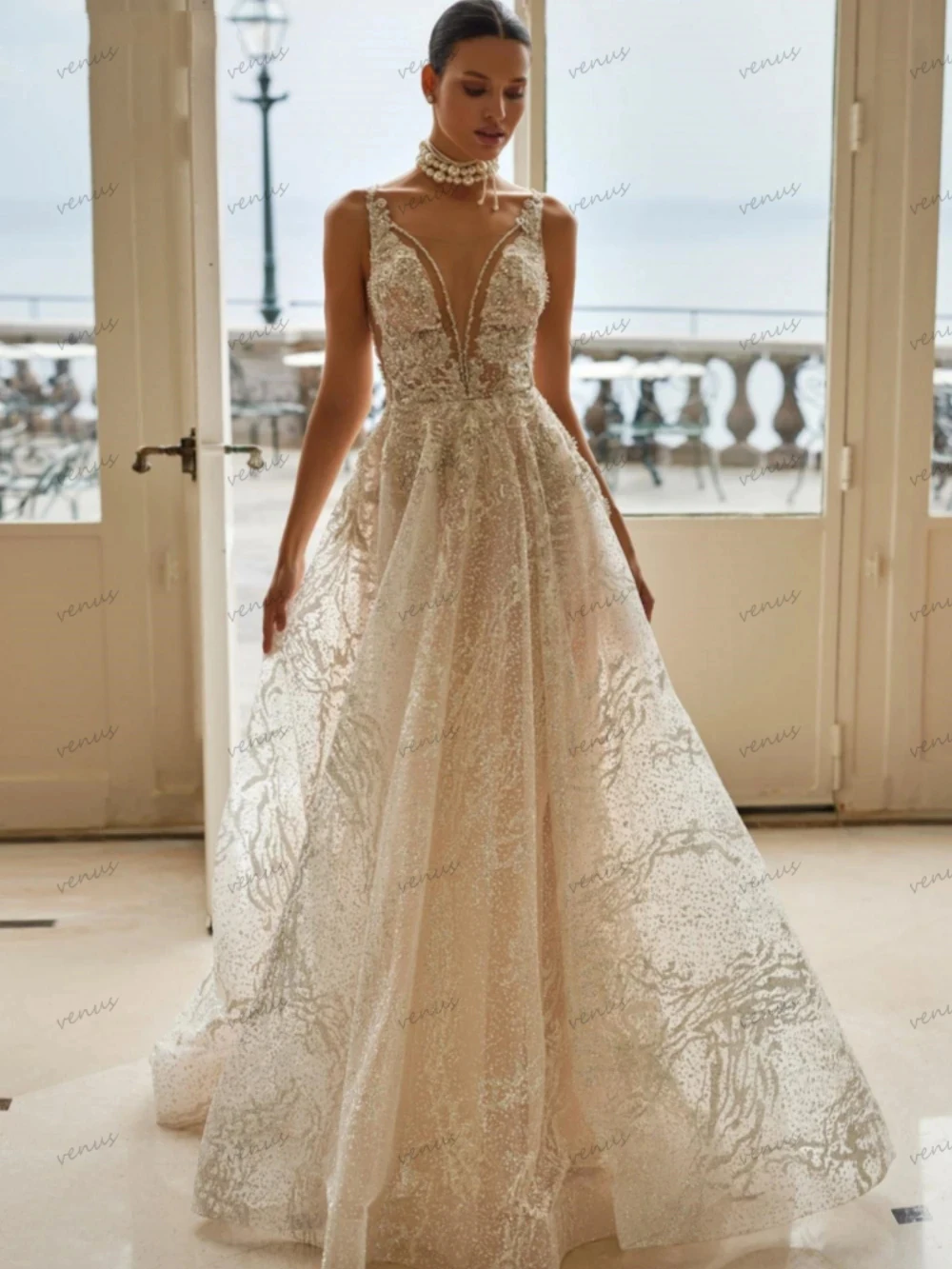 

Illusion Lace Wedding Dresses A-Line Deep V-Neck Bridal Gowns Appliques Sleeveless Backless Robes For Brides Vestidos De Novia