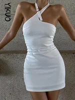 yikuo white mini dress 2022 summer solid sleeveless halter bodycon dresses sexy backless skinny party club dress for women