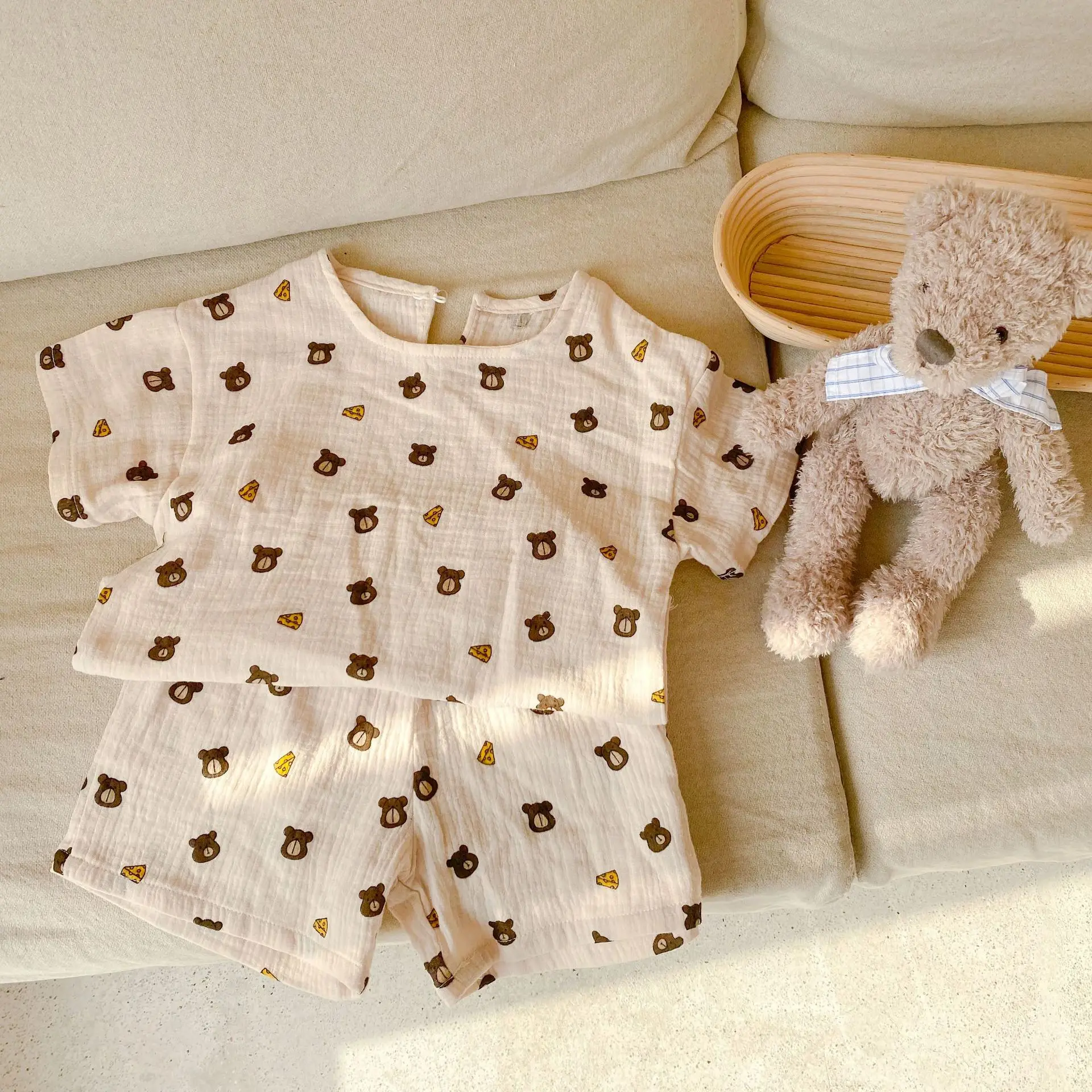 2022 Summer New Baby Clothes Set Cotton Linen Children 2pcs Suit Cute Bear Print Boys Short Sleeve Set Kids Girls Casual Outfits