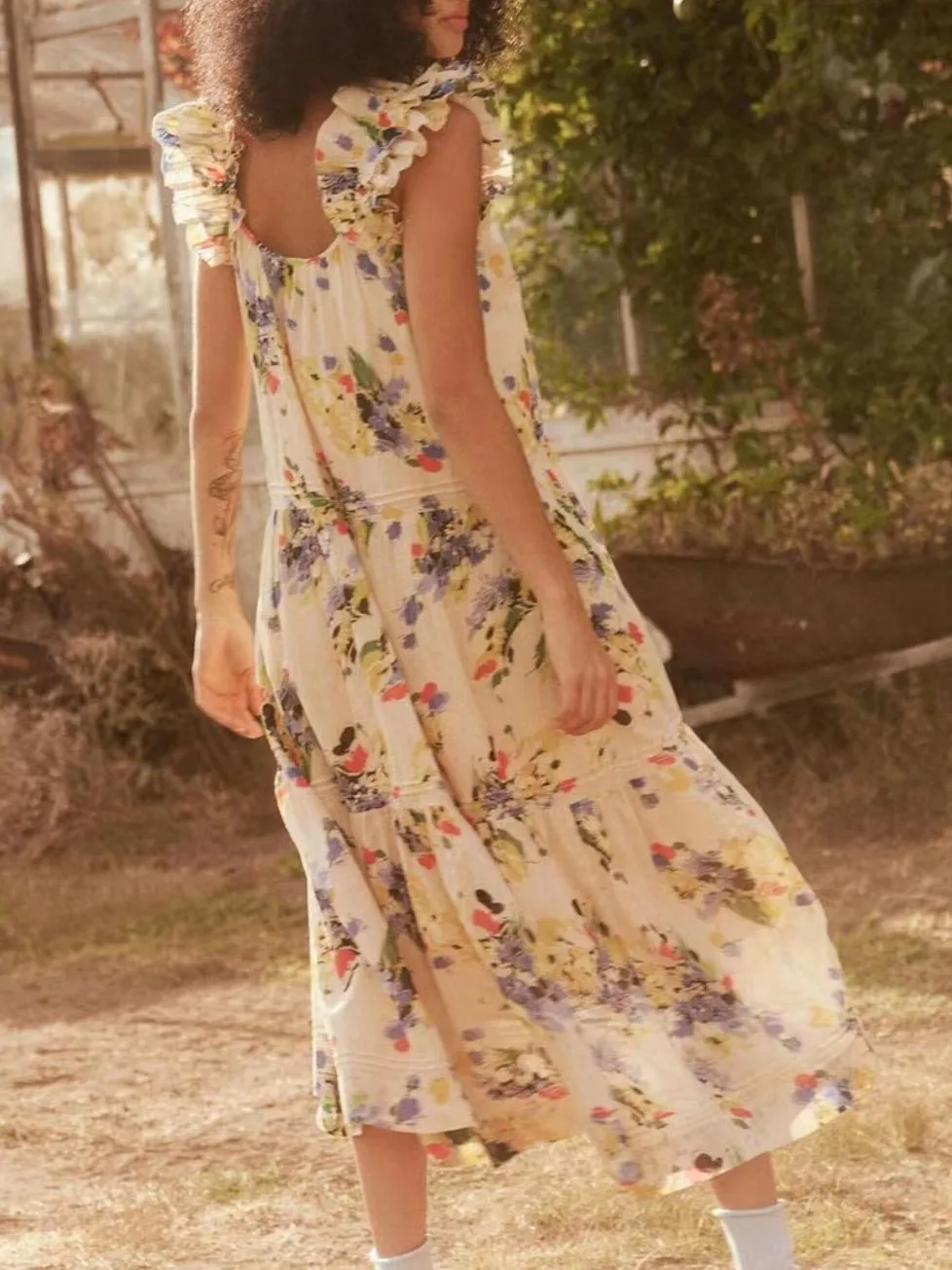 

Women Floral Print Ruffles Stitching Sleeveless Square Collar Holiday 100% Cotton Midi Dress