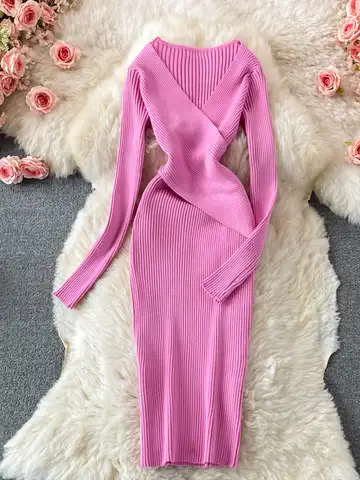 YuooMuoo Autumn Winter 2022 Women Dress Elegant Cross V-neck Slim Waist Knitted Bodycon Dress Korean Office Lady Vestidos