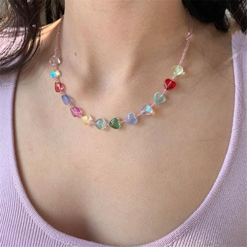 

Kpop Goth Harajuku Cute Colorful Love Heart Crystal Beaded Collar Chain Necklace For Female Egirl Party Y2K Jewelry Accessory