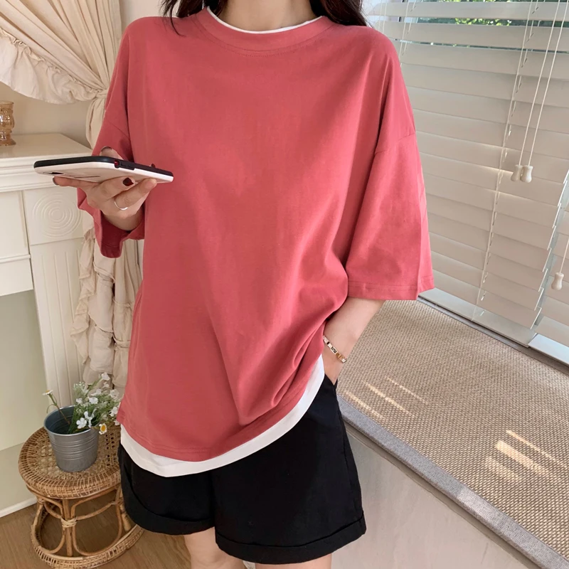 

Футболка женская оверсайз с имитацией двух предметов, повседневный Длинный топ в стиле бойфренда в стиле Харадзюку, с коротким рукавом, в ст...