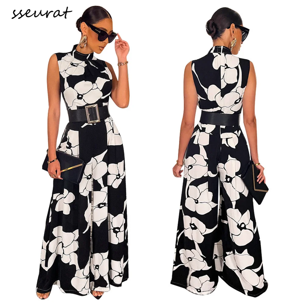 

Женский вечерний комбинезон без рукавов SSEURAT, элегантный комбинезон с широкими штанинами и принтом для официальвечерние