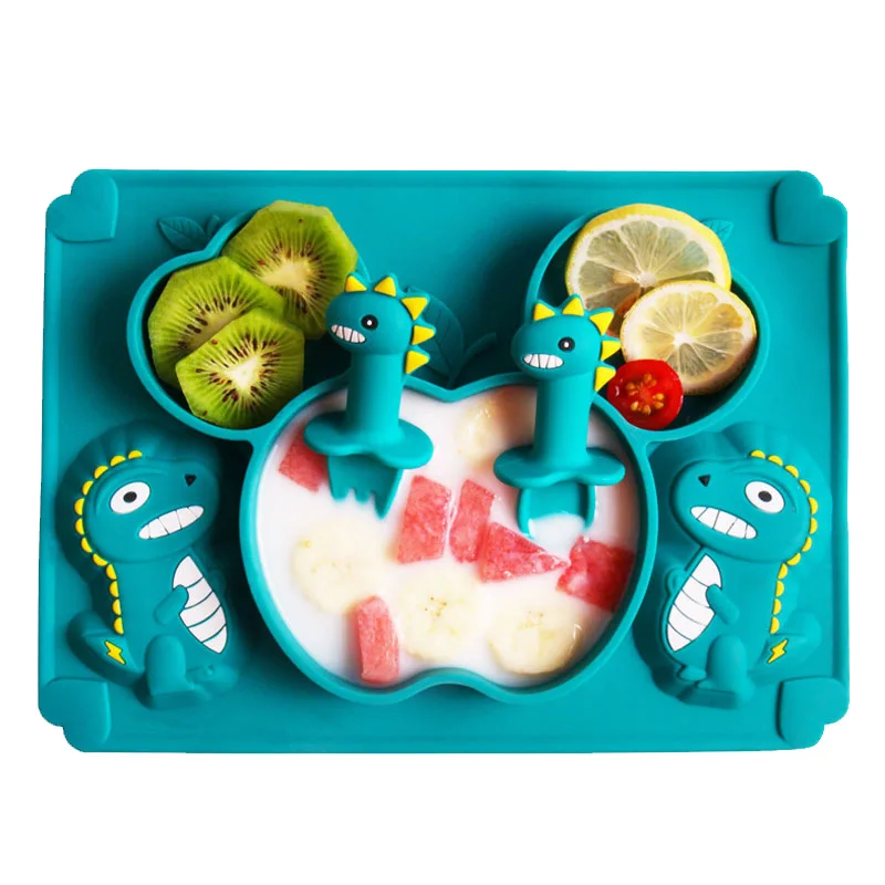 

BPA Free Baby Dinosaur Plate Silicone Baby Feeding Dishes Spoon Fork Suction Plate Non-Slip Food Feeding Tableware for Children