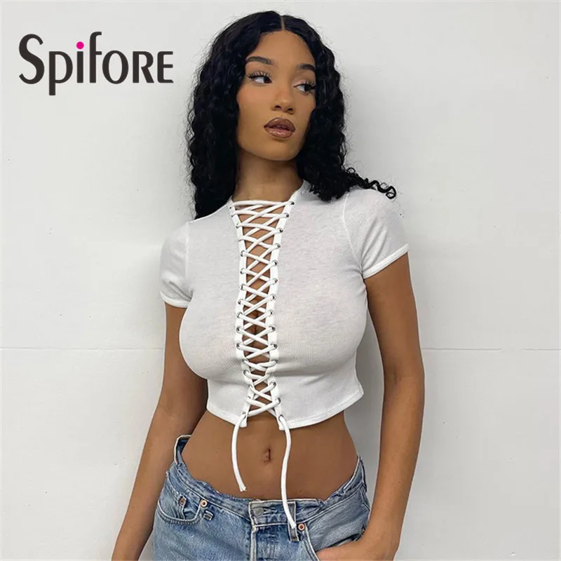 

Spifore Sexy Lace Up White T-Shirt for Women Short Sleeve Hollow Out Knit Summer Tops Black Streetwear Casual Tees Fashion 2022