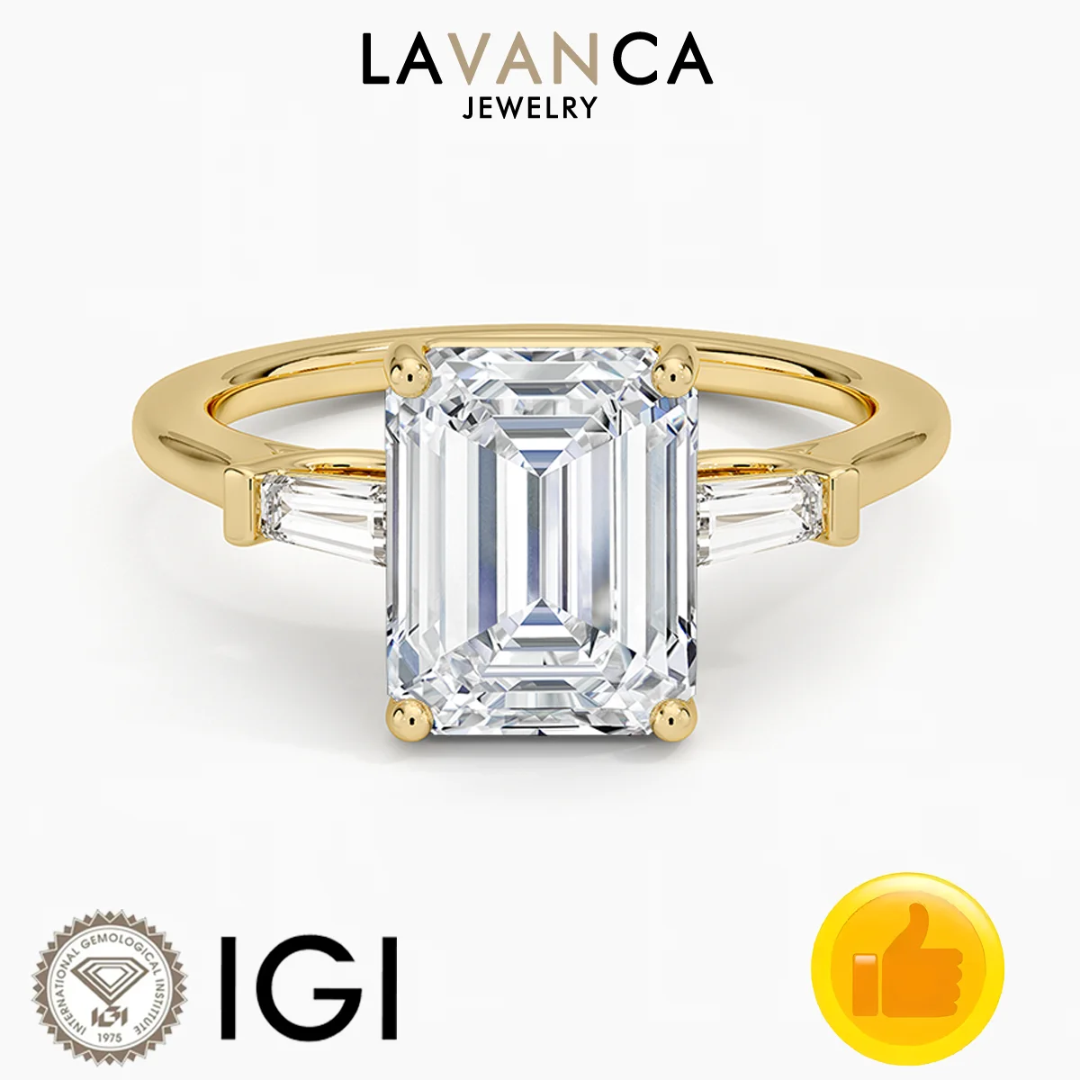 Фото Кольцо из желтого золота 9K/14K/18K с бриллиантом, сертифицированное IGI, изумрудной огранки, созданное в лаборатории бриллиантовое кольцо, обручальное кольцо с тремя камнями №1