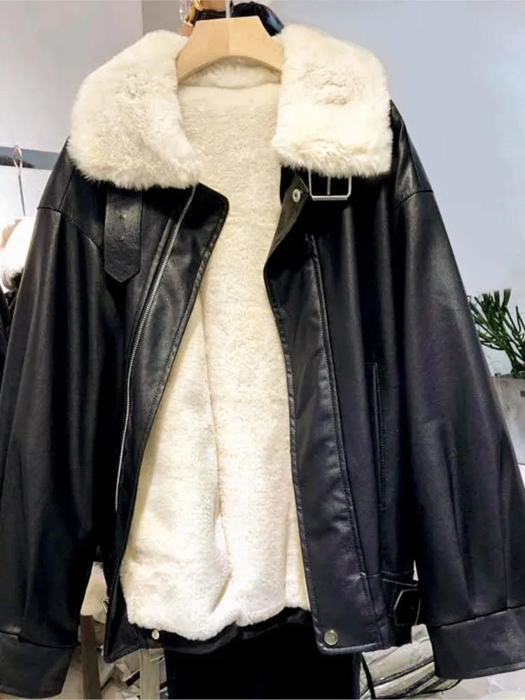 M GIRLS Large size warm jacket women  winter imitation leather jacket PU leather plus velvet lamb wool lining leather jacket