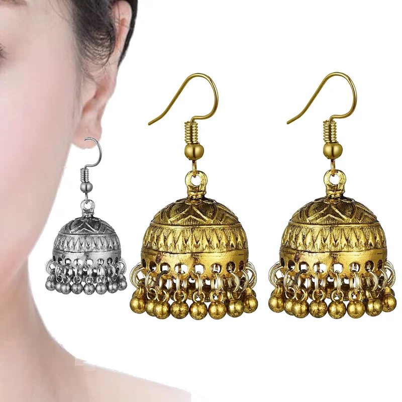 Афганские этнические серьги-подвески в стиле бохо для женщин, золотистый цвет, серебристый цвет, серебристый цвет, колокольчик, Женская драгоценность, ювелирные изделия