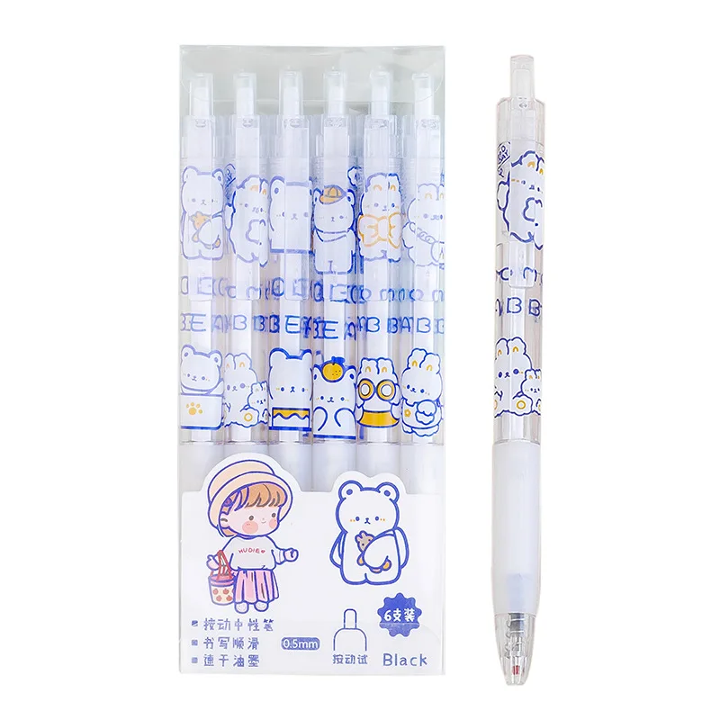 

6pcs Cute Cartoon Press Gel Pen Set Kawaii 0.5mm Black Pens Kids Student Writing Stationery Girls School Office Supplies