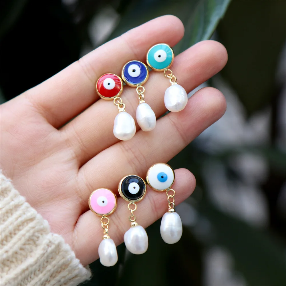 

5Pairs, Fashion Women Gold Plated Stud Earrings Pearl Eye Colorful Enamel Pendant Earrings Fresh Water Pearls Earrings
