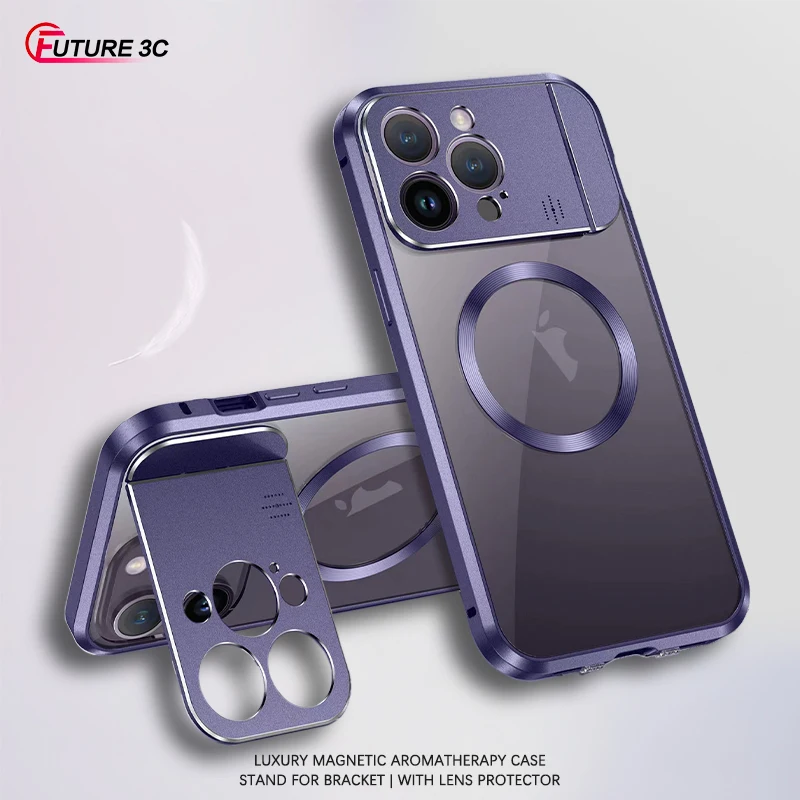 

Fragrance Foldable Hidden Bracket Magnetic Case For Iphone 15 14 13 Pro Max With Lens Protector Aluminum Alloy Cover For Magsafe