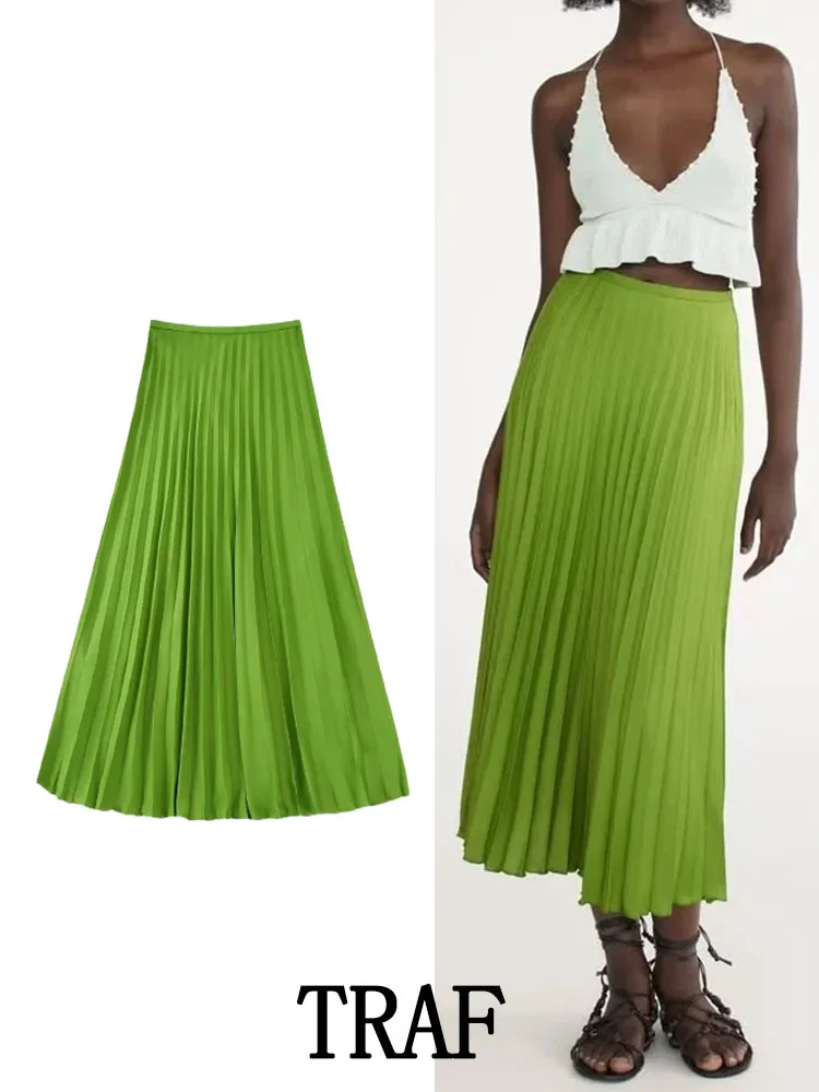 

TRAF ZA&ree 2022 Women Summer Solid Pleated Skirts Fashion Slim Basic Elastic Waist Femel Causal Elegant A-Line Skirts