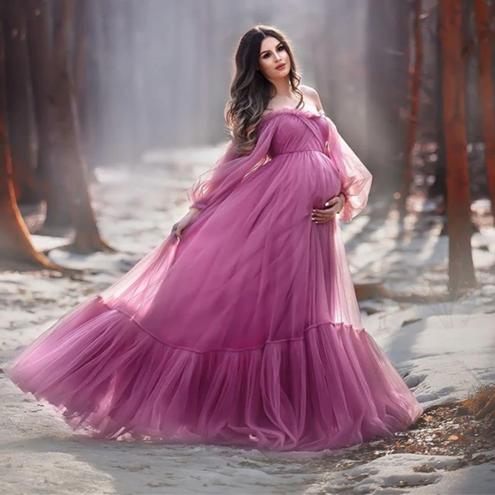 

Maternity Gown for Photoshoot or Babyshower Long Sleeves Off Shoulder Fluffy Tiered Tulle Night Robe Lace Up Photography Wear