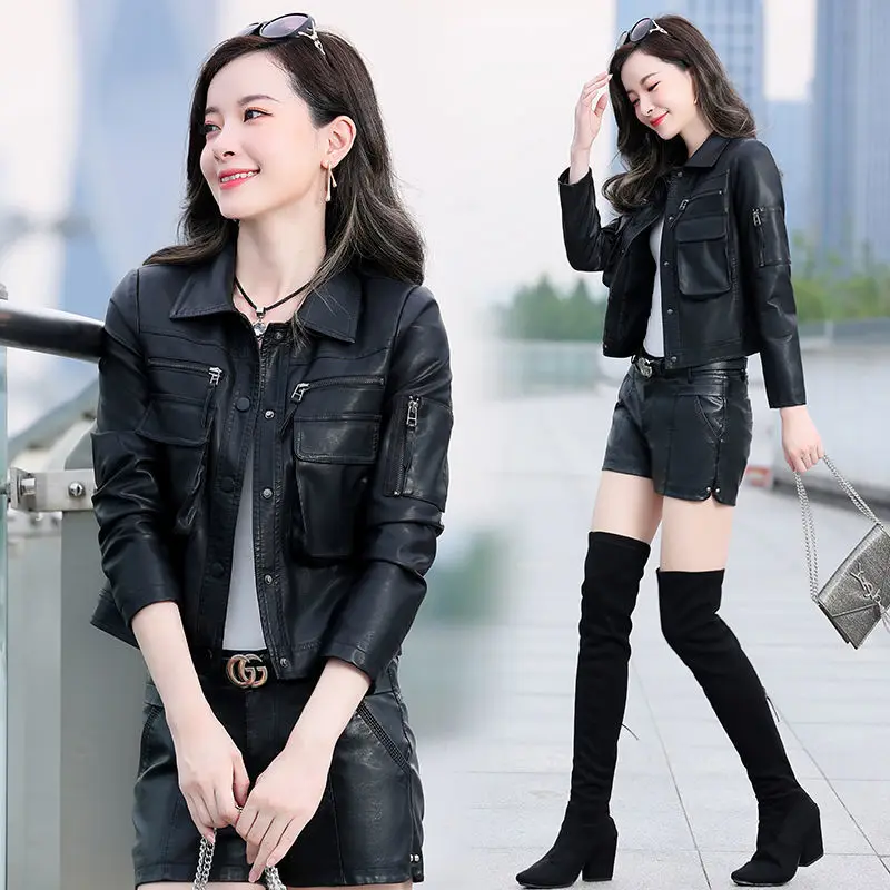 2022 Autumn and Winter Fashion Women's New Imitation Leather Suit Collar Temperament Long-sleeved Leather Jacket L38