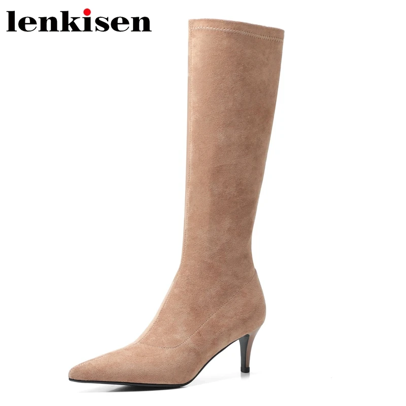 

Lenkisen Flock Modern Boots Pointed Toe High Heels Superstar Simple Style Mature Evening Party Wear Zip Solid Thigh High Boots