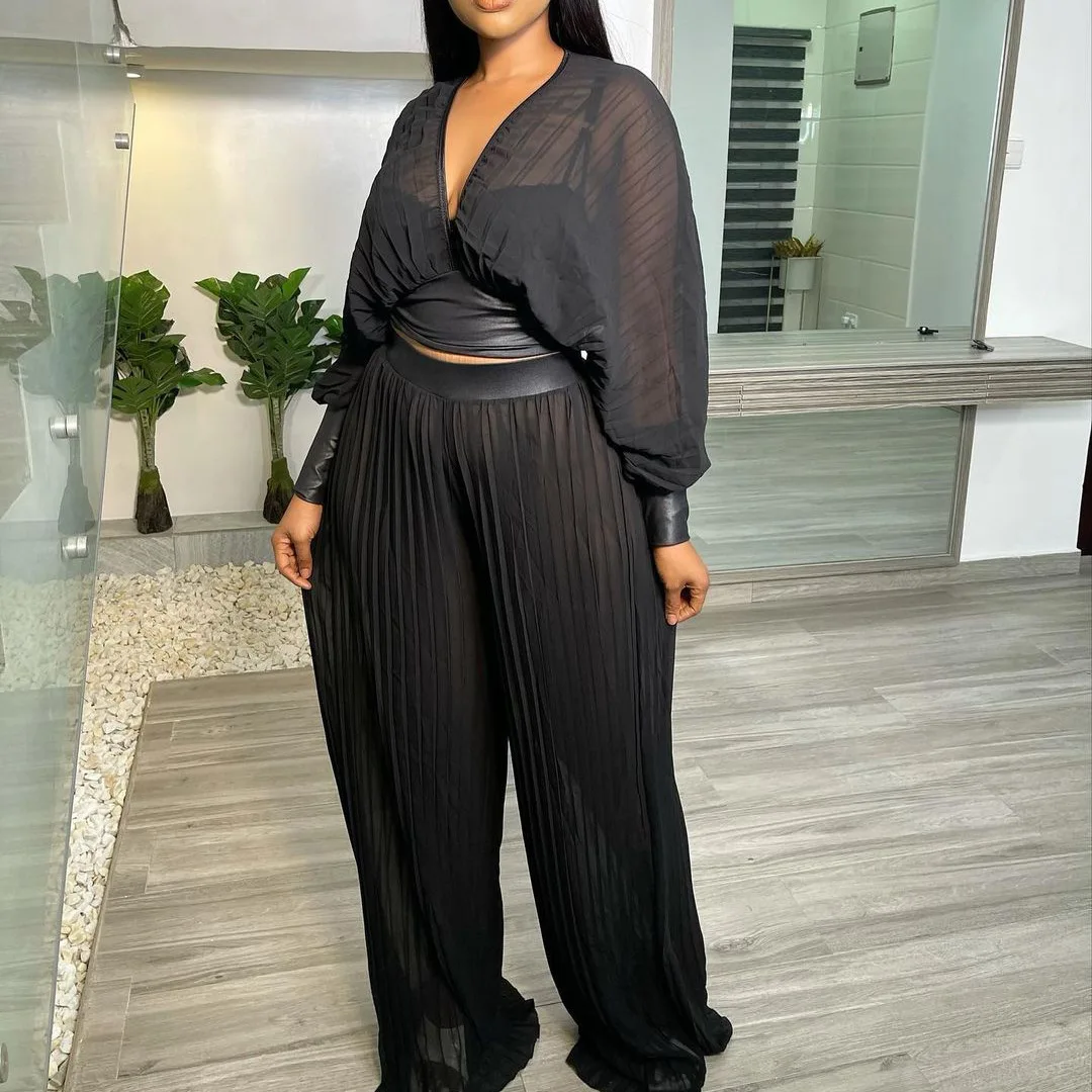 

D3098 2022 Fashion Women New Summer Clothesr V-neck Dolman Sleeve Top Pleated Wide-leg Pants Two Piece Sets Womens Outifits