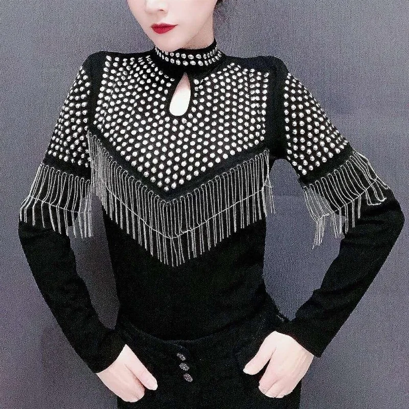 

Black Long Sleeve Tshirt Shiny Rhinestone Tassel Tops 2022 Korean Fashion Hollow Turtleneck Women Pullover Clubwear DJ Dance Top