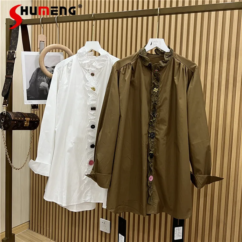 

Элегантная ажурная однобортная рубашка средней длины, женская Свободная Повседневная Блузка с длинным рукавом, Женский Топ, новинка весны ...