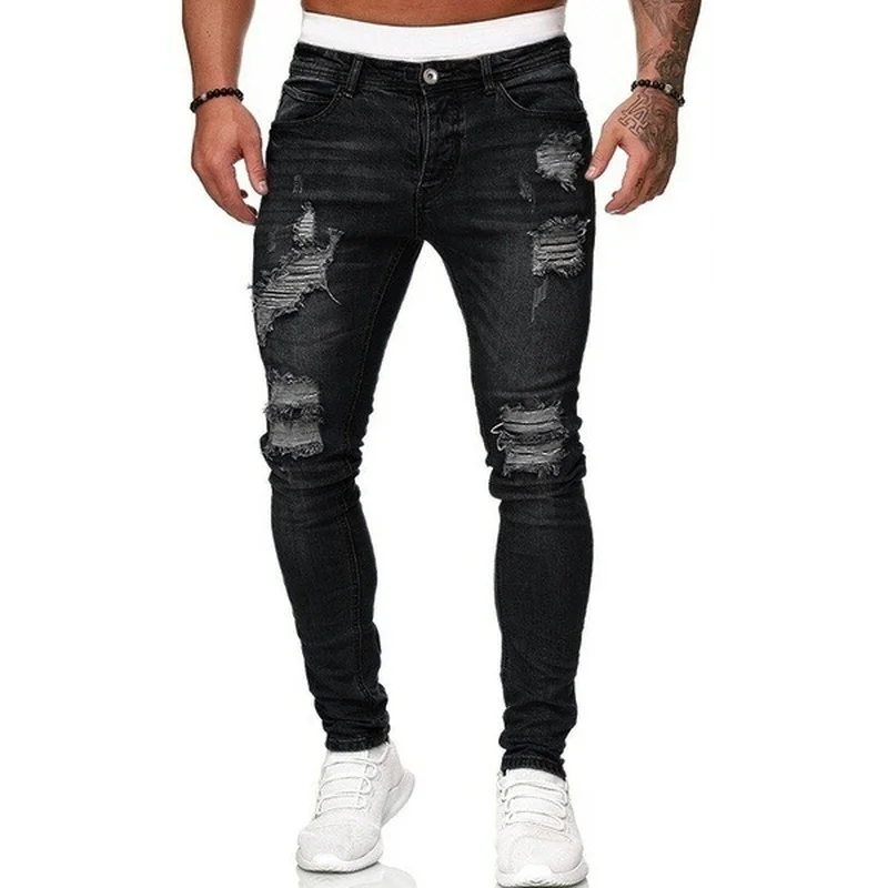 2022 New Men's Pants Ripped White Slim-fit Denim Trousers Personality Fashion Pencil Pants Men's Fashion Travel Slim Trousers