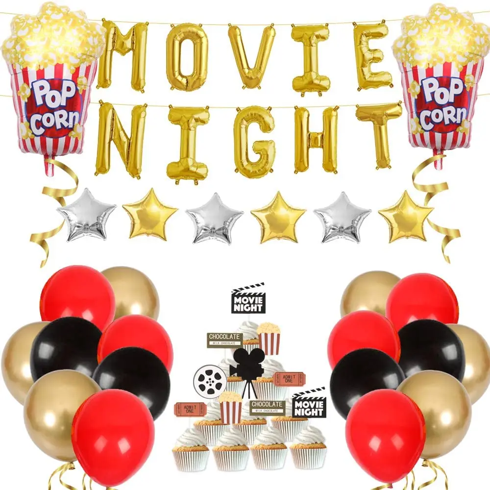 

Movie Night Themed Party Decorations Hollywood Red Carpet Party Supplies Cupcake Toppers Popcorn Foil Balloons for Awards Night