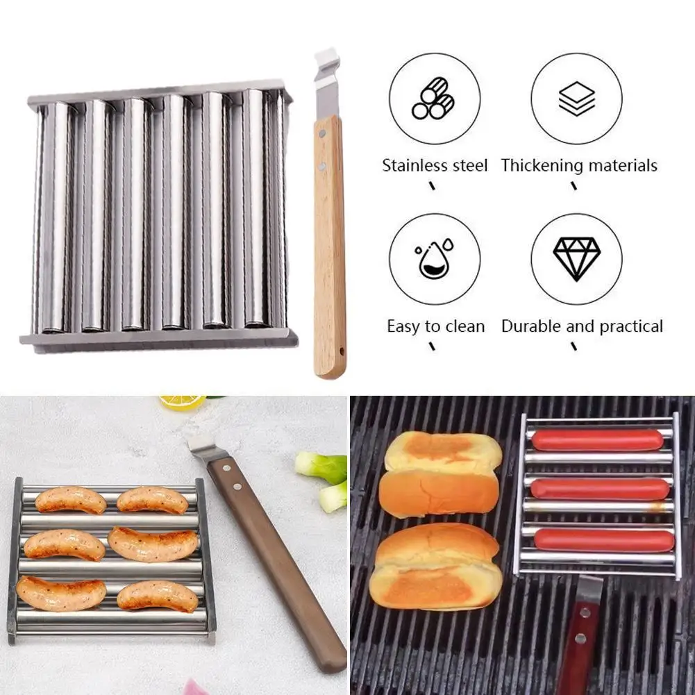 

Hot Dog Roller Stainless Steel Sausage Roller Rack with Extra Long Wood Handle BBQ Griller for Evenly Cooked Cooker Machine
