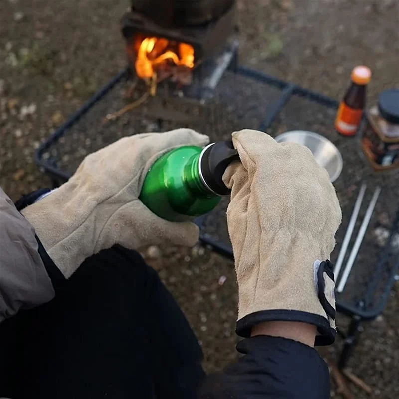 

Two Layers Leather Outdoor Gloves Fire Heat Resistant Kitchen Cooking Oven Mitts Snti Slip Hard Wearing Clamping Glove 1 Pair